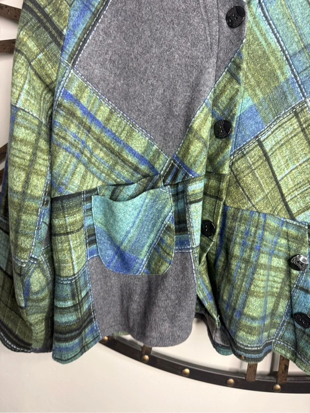 Trisha Tyler Green & Gray Plaid Patchwork Women's lightweight jacket Blazer